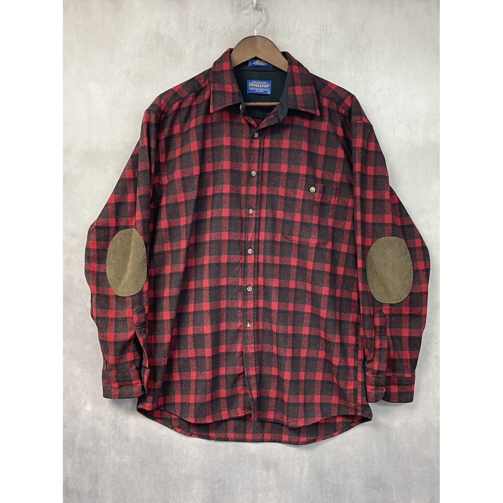Pendleton Mens Trail Shirt Size L Buffalo Plaid Wool Elbow Patch Classic Rustic